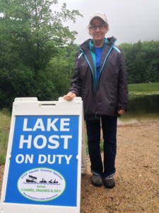 Volunteer Catherine Greenleaf ready for a day of boat inspections.